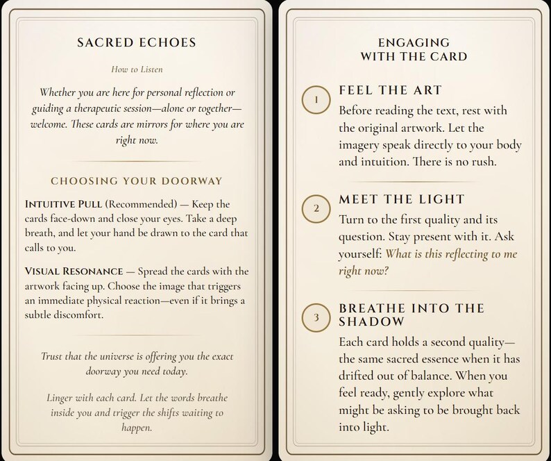 May include: Two rectangular cards with cream backgrounds and dark text. The left card is titled Sacred Echoes and provides instructions on choosing a doorway. The right card is titled Engaging with the Card and lists three numbered steps for interaction.