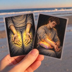 May include: Two rectangular trading cards featuring detailed illustrations. The left card shows open palms glowing with golden light. The right card depicts a person with curly hair holding a glowing, luminous rectangular object.