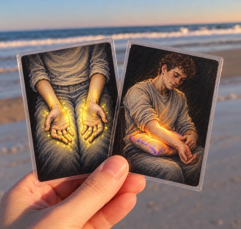 May include: Two rectangular trading cards featuring detailed illustrations. The left card shows open palms glowing with golden light. The right card depicts a person with curly hair holding a glowing, luminous rectangular object.