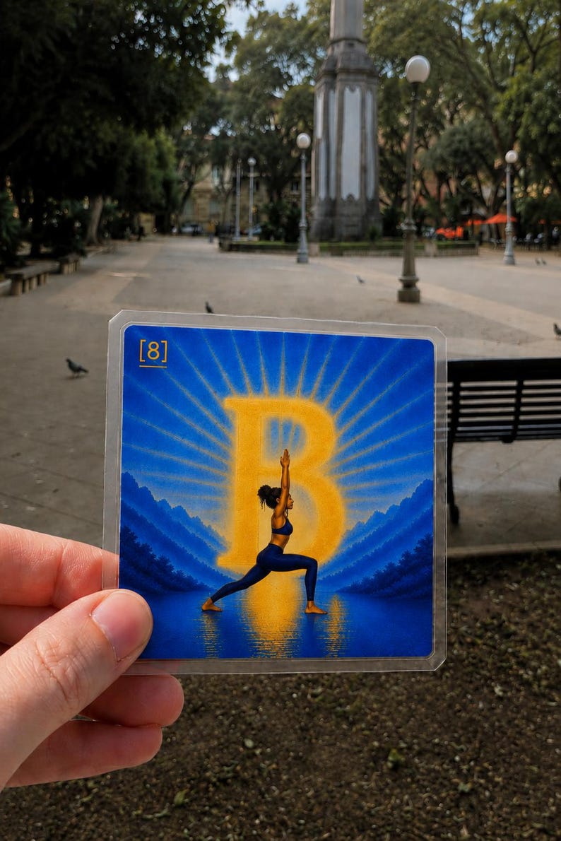 May include: A square card featuring a blue and yellow illustration of a person in a yoga pose centered in front of a large letter B. The background shows blue mountains and a sunburst pattern. The text [8] is printed in the top left corner.