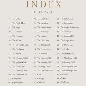 Puede incluir: Una l&aacute;mina informativa beige titulada INDEX 48 IFS PARTS, que enumera 48 arquetipos psicol&oacute;gicos numerados, desde The Critic hasta Confidence. El texto es marr&oacute;n oscuro, con un peque&ntilde;o icono de conejo y el texto Bond & Awareness.
