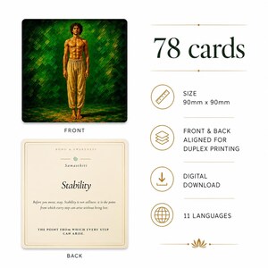 May include: A deck of 78 cards, each measuring 3.5 x 3.5 inches. The front of the card features an illustration of a person in a yoga pose. The back of the card has text about stability. The deck is designed for duplex printing and is available as a digital download.