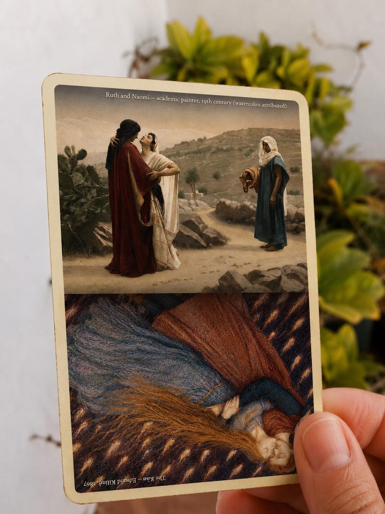 May include: A rectangular card featuring two distinct artworks. The top image depicts Ruth and Naomi in a desert landscape, while the bottom image, titled The Kiss - Edward Killing, 1867, shows two figures embracing in a textured, dark setting.