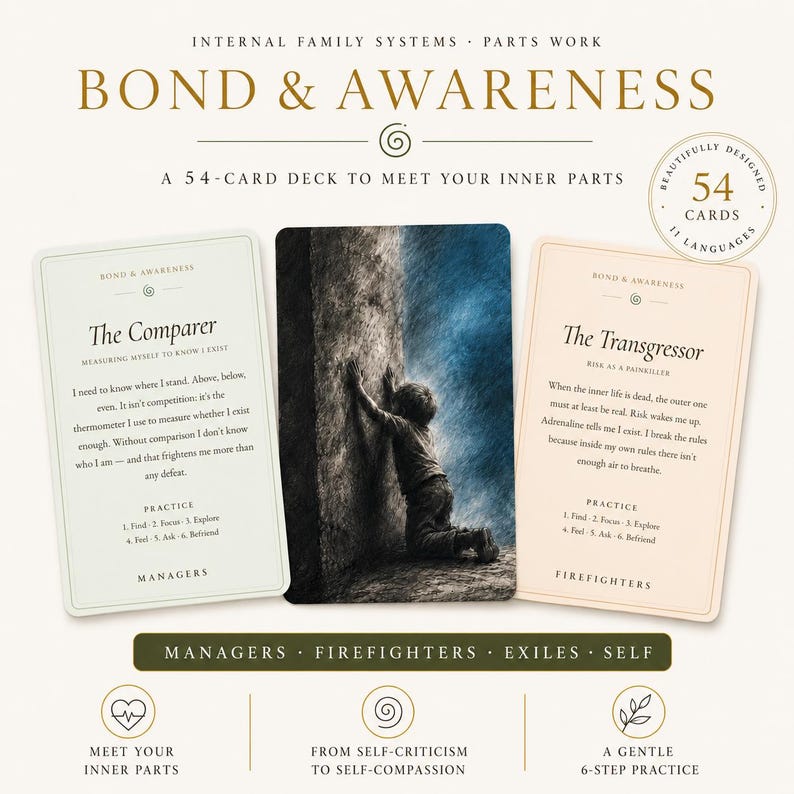 May include: A 54-card deck titled Bond & Awareness for Internal Family Systems parts work. The set includes cards with text like The Comparer and The Transgressor, alongside an illustration of a person leaning against a dark, textured wall.