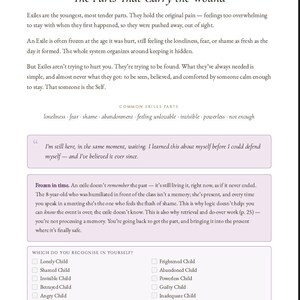 May include: A page titled Exiles: The Parts That Carry the Wound, featuring text about psychological parts, a quote about waiting, and a checklist titled Which do you recognise in yourself? with options like Lonely Child, Shamed Child, and Abandoned Child.