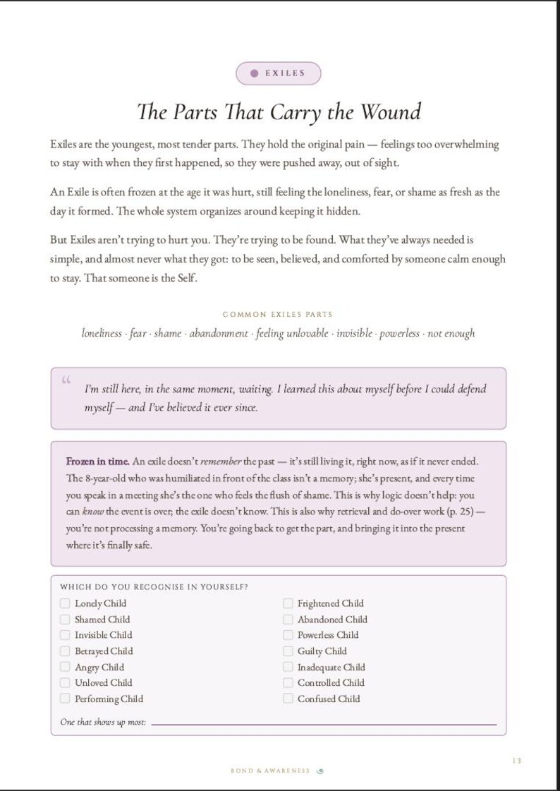 May include: A page titled Exiles: The Parts That Carry the Wound, featuring text about psychological parts, a quote about waiting, and a checklist titled Which do you recognise in yourself? with options like Lonely Child, Shamed Child, and Abandoned Child.