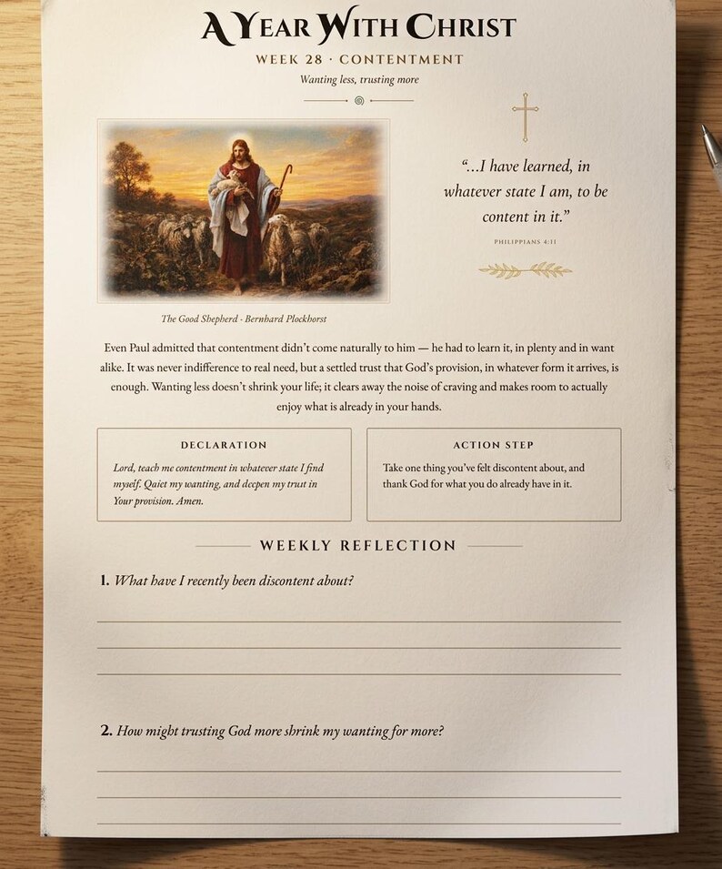 May include: A printed devotional page titled A Year With Christ Week 28 Contentment. It features an image of The Good Shepherd, a Philippians 4:11 quote, a reflection paragraph, a declaration box, an action step box, and two numbered reflection questions.