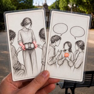 May include: Two rectangular cards featuring black and white pencil-style illustrations. The left card shows a person holding a tray with two cups, with glowing red accents on their hands. The right card depicts three people with two blank speech bubbles above them and a glowing red circular object held by the central figure.