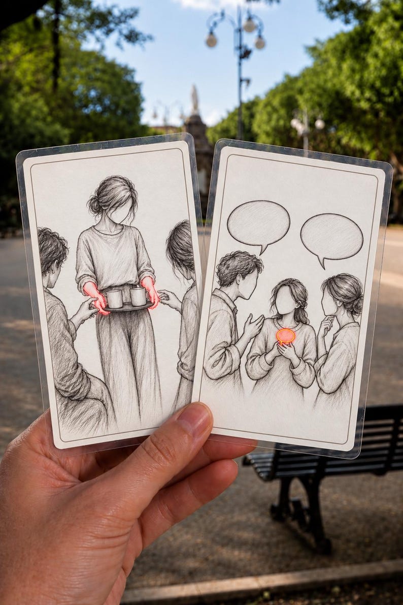 May include: Two rectangular cards featuring black and white pencil-style illustrations. The left card shows a person holding a tray with two cups, with glowing red accents on their hands. The right card depicts three people with two blank speech bubbles above them and a glowing red circular object held by the central figure.