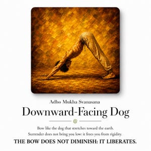 May include: An artistic rendering of a person in the downward-facing dog yoga pose. The figure is set against a textured, golden-brown background. The pose is labeled "Downward-Facing Dog" with the text "THE BOW DOES NOT DIMINISH: IT LIBERATES."