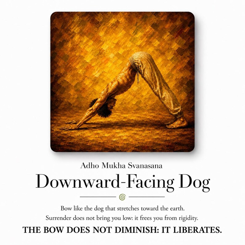 May include: An artistic rendering of a person in the downward-facing dog yoga pose. The figure is set against a textured, golden-brown background. The pose is labeled "Downward-Facing Dog" with the text "THE BOW DOES NOT DIMINISH: IT LIBERATES."