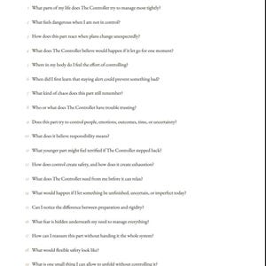 May include: A white page titled THE CONTROLLER with the subtitle Core Protection: Keeps the chaos at bay. It features a numbered list of twenty reflective questions about control, responsibility, and fear, ending with the footer Bond & Awareness 02.
