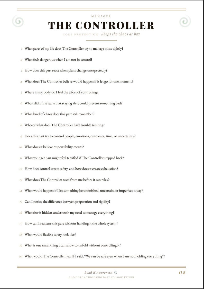 May include: A white page titled THE CONTROLLER with the subtitle Core Protection: Keeps the chaos at bay. It features a numbered list of twenty reflective questions about control, responsibility, and fear, ending with the footer Bond & Awareness 02.