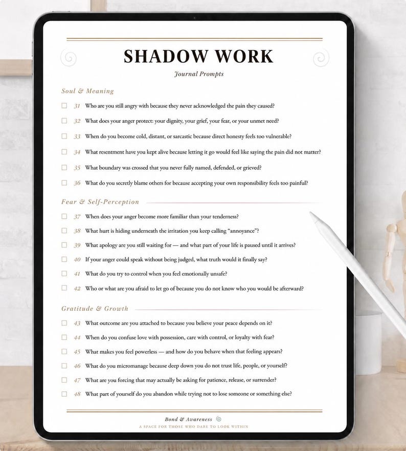 May include: A digital tablet displaying a Shadow Work journal prompt page with sections titled Soul & Meaning, Fear & Self-Perception, and Gratitude & Growth. The document features numbered questions from 31 to 48 with checkboxes for tracking progress.