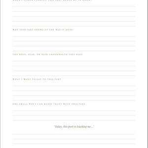May include: A white writing page titled THE CONTROLLER with sections for reflection including prompts like WHEN I LISTEN CLOSELY, THIS PART WANTS ME TO KNOW, WHY THIS PART SHOWS UP THE WAY IT DOES, THE NEED, FEAR, OR PAIN UNDERNEATH THIS PART, and more.