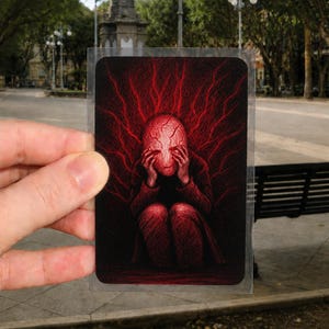 May include: A rectangular card featuring a dark illustration of a figure sitting with hands pressed against a cracked head. The artwork uses deep black and vibrant red lines to create a radiating energy effect around the central character.