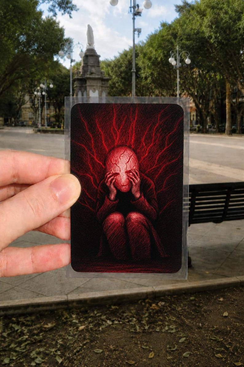 May include: A rectangular card featuring a dark illustration of a figure sitting with hands pressed against a cracked head. The artwork uses deep black and vibrant red lines to create a radiating energy effect around the central character.
