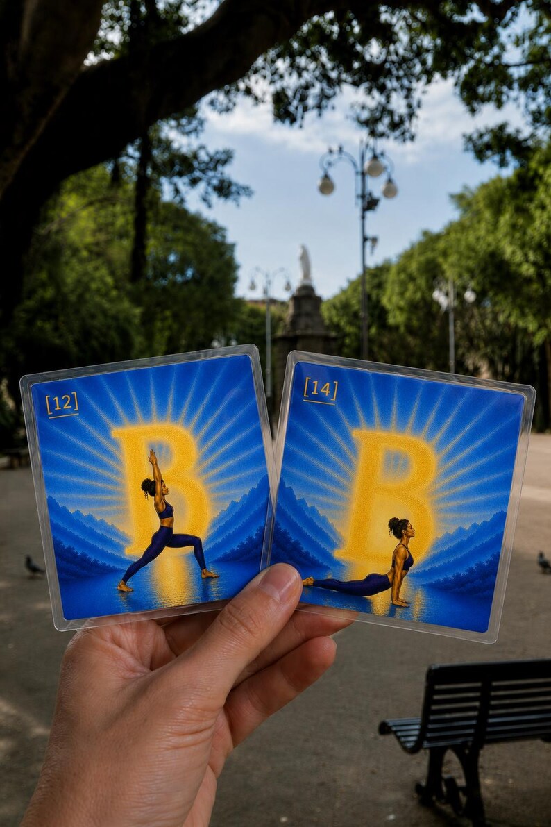 May include: Two square cards featuring a blue background with a large yellow letter B and sunburst rays. The left card labeled [12] shows a person in a warrior yoga pose. The right card labeled [14] shows a person in an upward-facing dog yoga pose.