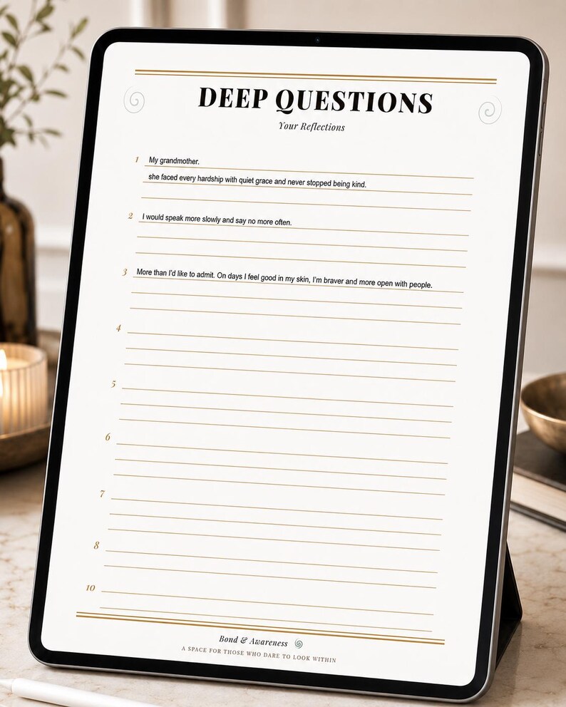 May include: A digital tablet displaying a white page titled DEEP QUESTIONS Your Reflections with numbered lines for writing. The bottom includes the text Bond & Awareness A SPACE FOR THOSE WHO DARE TO LOOK WITHIN with gold line accents.