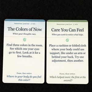 May include: Two rectangular awareness practice cards. The left card is titled The Colors of Now and instructs to find three colors in the room. The right card is titled Care You Can Feel and instructs to place a cushion or folded cloth for support.