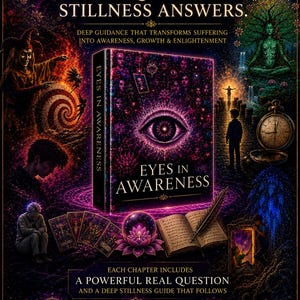 May include: A book titled Eyes in Awareness featuring a central eye graphic on the cover. The surrounding imagery includes a jester, a meditating figure, a pocket watch, tarot cards, a lotus flower, and a quill pen on an open book page.