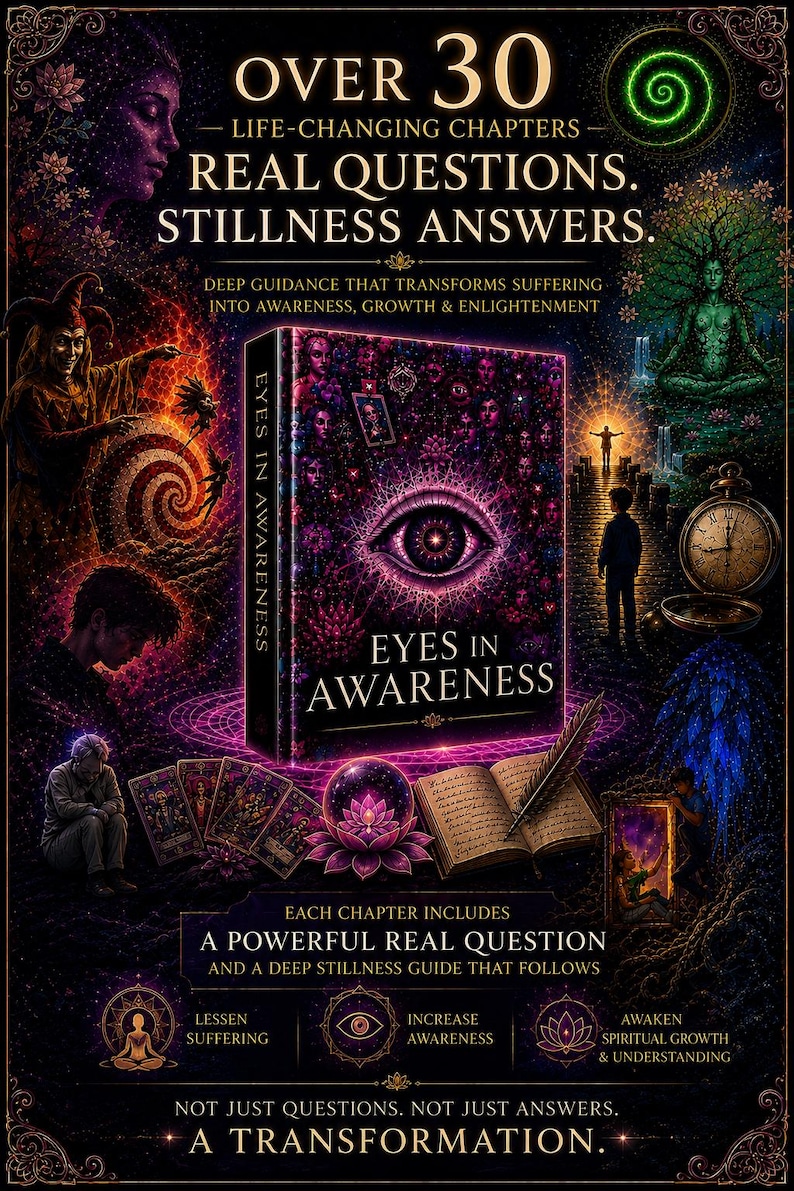 May include: A book titled Eyes in Awareness featuring a central eye graphic on the cover. The surrounding imagery includes a jester, a meditating figure, a pocket watch, tarot cards, a lotus flower, and a quill pen on an open book page.