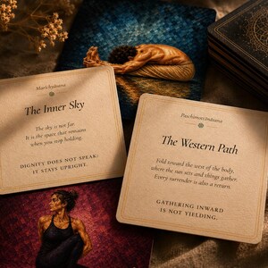 May include: A collection of yoga-themed cards with text and illustrations. Two cards are in focus, one reading "The Inner Sky" and the other "The Western Path." The cards are beige with dark text. Other cards and a deck are in the background.