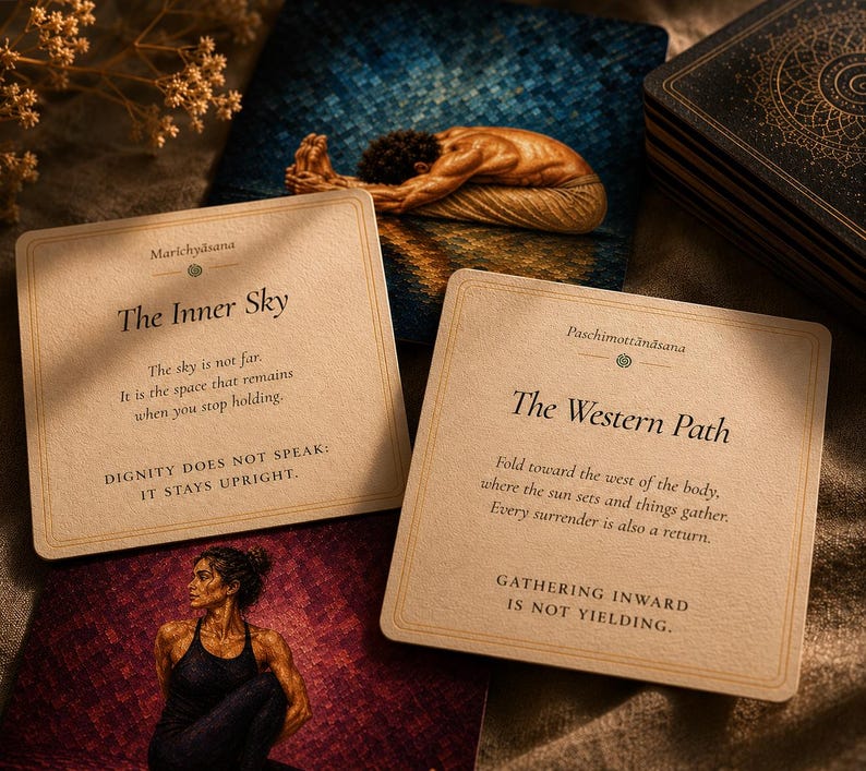 May include: A collection of yoga-themed cards with text and illustrations. Two cards are in focus, one reading "The Inner Sky" and the other "The Western Path." The cards are beige with dark text. Other cards and a deck are in the background.