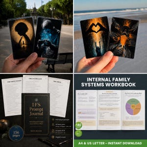 Puede incluir: Un conjunto de libros de trabajo de Sistemas de Familia Interna que incluye un diario IFS negro, tres hojas de ejercicios tituladas The Perfectionist, The Controller y The Critic, y un libro abierto que muestra p&aacute;ginas sobre The Invisible Child y una rueda de liderazgo.