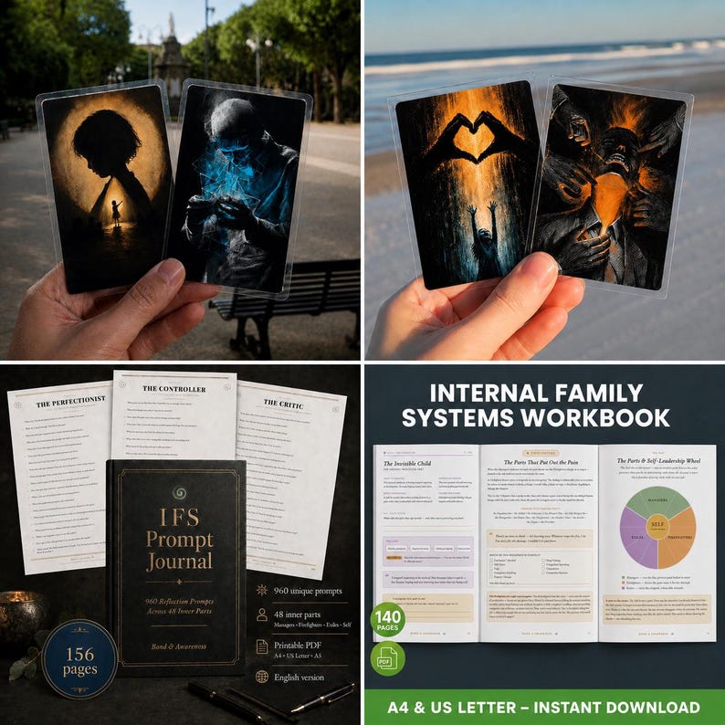 Puede incluir: Un conjunto de libros de trabajo de Sistemas de Familia Interna que incluye un diario IFS negro, tres hojas de ejercicios tituladas The Perfectionist, The Controller y The Critic, y un libro abierto que muestra p&aacute;ginas sobre The Invisible Child y una rueda de liderazgo.