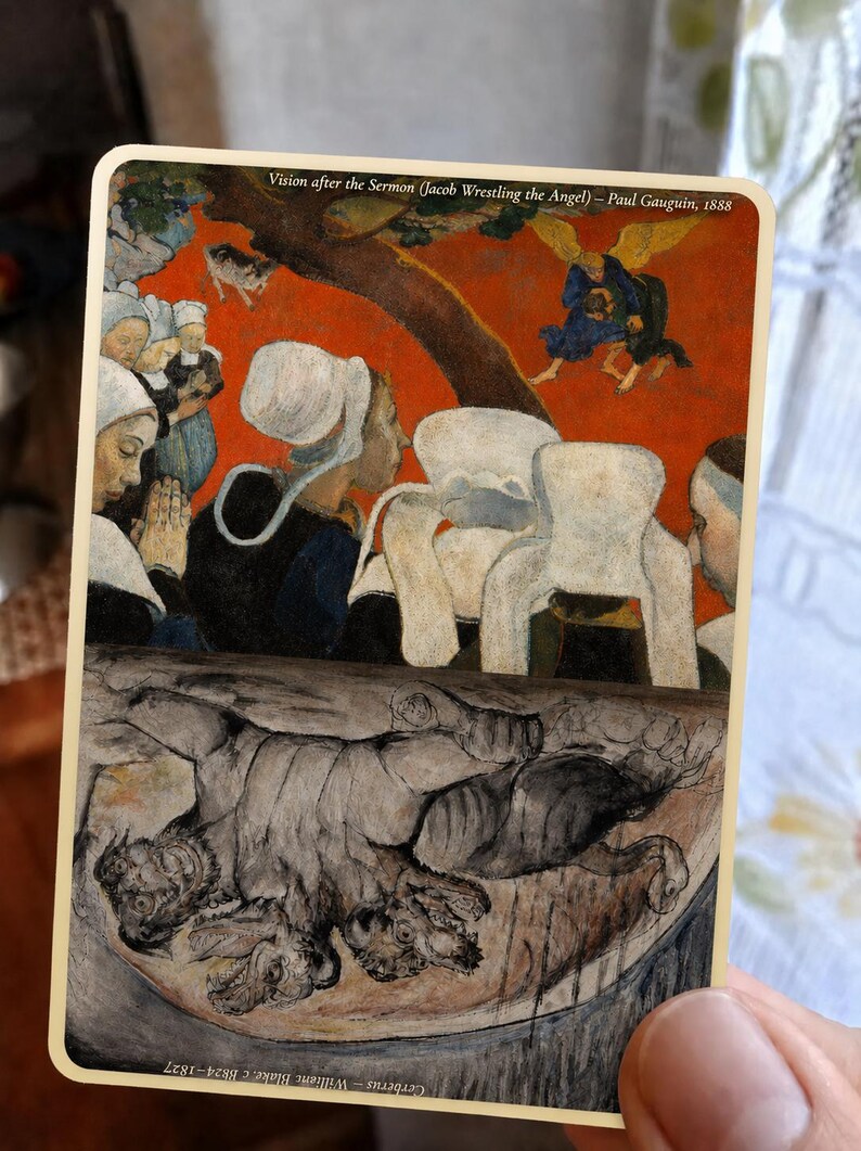 May include: A rectangular card featuring two distinct art prints. The top section displays Paul Gauguin's Vision after the Sermon, showing figures in white bonnets against a red background. The bottom section shows William Blake's Cerberus.