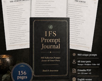 May include: A black IFS Prompt Journal with gold text, featuring 960 reflection prompts across 48 inner parts. The cover displays the title and 156 pages. Three white pages with black text titled The Perfectionist, The Controller, and The Critic are visible behind the journal, alongside two black pens.