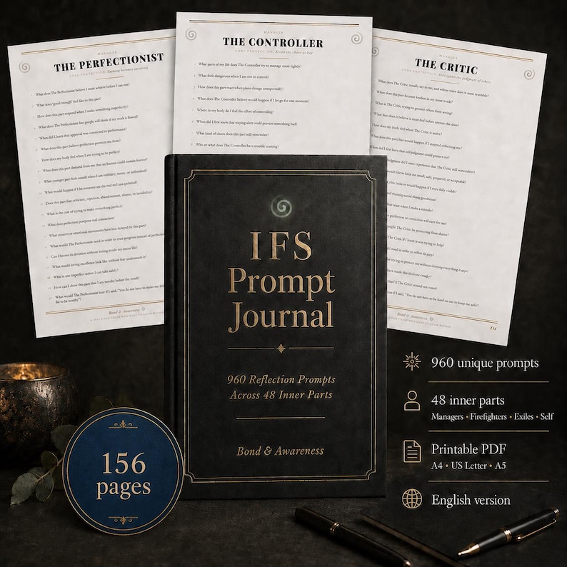 May include: A black IFS Prompt Journal with gold text, featuring 960 reflection prompts across 48 inner parts. The cover displays the title and 156 pages. Three white pages with black text titled The Perfectionist, The Controller, and The Critic are visible behind the journal, alongside two black pens.
