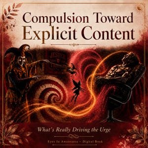 May include: A digital book cover titled Compulsion Toward Explicit Content: What's Really Driving the Urge. It features a jester pointing at a person sitting in a chair, with a glowing orange energy stream connecting them and a small fairy silhouette.