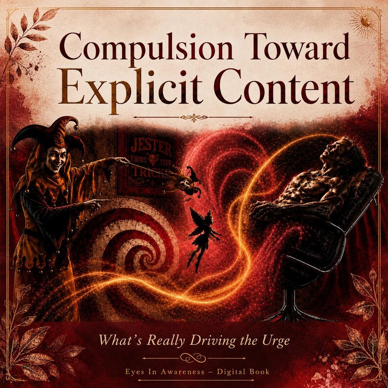 May include: A digital book cover titled Compulsion Toward Explicit Content: What's Really Driving the Urge. It features a jester pointing at a person sitting in a chair, with a glowing orange energy stream connecting them and a small fairy silhouette.