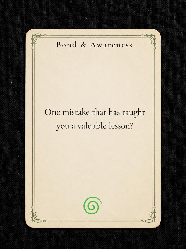 May include: A rectangular off-white card with a thin green border and decorative corners. The text at the top reads Bond & Awareness. The center text asks, One mistake that has taught you a valuable lesson? A green spiral icon is at the bottom.