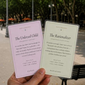 May include: Two rectangular cards with rounded corners. The left card is light pink, titled The Unloved Child, labeled EXILES, and describes feeling unlovable. The right card is light green, titled The Rationalizer, labeled MANAGERS, and describes using logic to avoid feelings. Both feature the text BOND & AWARENESS and a six-step practice guide.