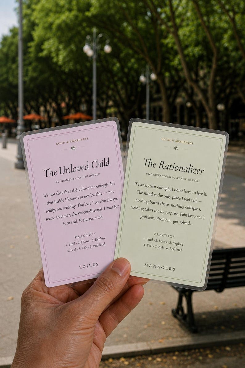 May include: Two rectangular cards with rounded corners. The left card is light pink, titled The Unloved Child, labeled EXILES, and describes feeling unlovable. The right card is light green, titled The Rationalizer, labeled MANAGERS, and describes using logic to avoid feelings. Both feature the text BOND & AWARENESS and a six-step practice guide.