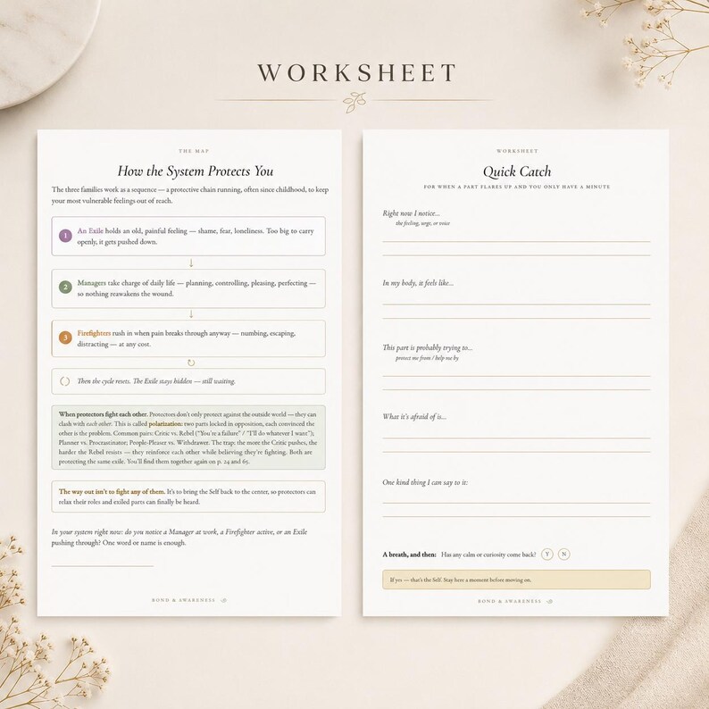 May include: A two-page worksheet titled Worksheet with sections titled How the System Protects You and Quick Catch. The document features text, bullet points, and fillable lines for writing, printed in black ink on white paper with colored accents.
