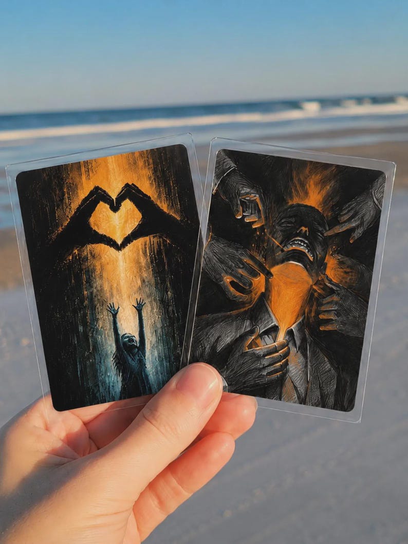 Puede incluir: Dos tarjetas art&iacute;sticas rectangulares en fundas protectoras transparentes. La tarjeta izquierda muestra una silueta alcanzando una forma de coraz&oacute;n brillante. La derecha representa una figura rodeada de manos oscuras con luz naranja.