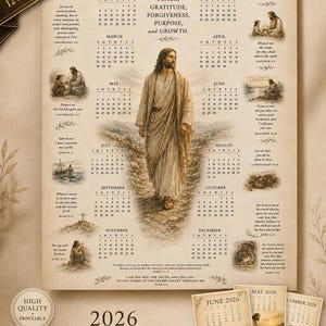 May include: A 2026 wall calendar featuring a central illustration of Jesus Christ walking on a path, surrounded by twelve monthly grids, religious imagery, and scripture verses. Includes a bonus set of twelve individual A6 monthly sheets.