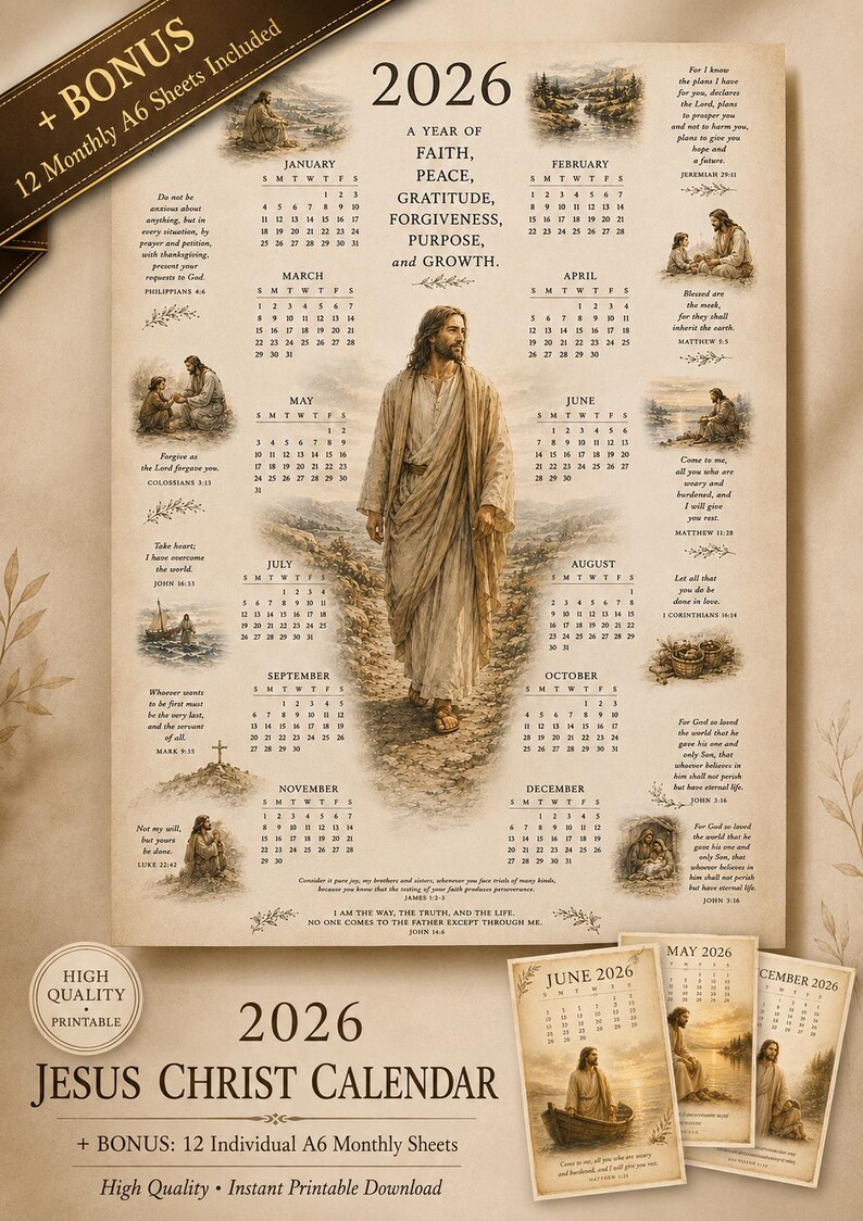 May include: A 2026 wall calendar featuring a central illustration of Jesus Christ walking on a path, surrounded by twelve monthly grids, religious imagery, and scripture verses. Includes a bonus set of twelve individual A6 monthly sheets.