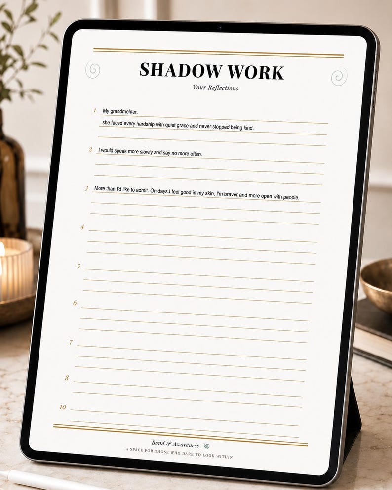 May include: A digital tablet displaying a Shadow Work reflection worksheet with black text on a white background. The page features the title Shadow Work, numbered lines for writing, and the text Bond & Awareness A SPACE FOR THOSE WHO DARE TO LOOK WITHIN.