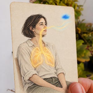 May include: A rectangular art print featuring a colored pencil drawing of a person with short dark hair wearing a light-colored button-down shirt. A glowing yellow illustration of lungs and airways connects to the nose, inhaling a small blue cloud.