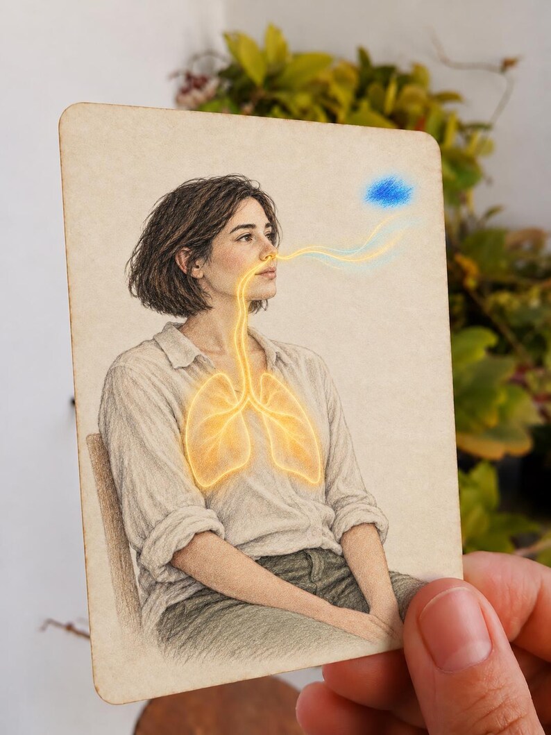 May include: A rectangular art print featuring a colored pencil drawing of a person with short dark hair wearing a light-colored button-down shirt. A glowing yellow illustration of lungs and airways connects to the nose, inhaling a small blue cloud.