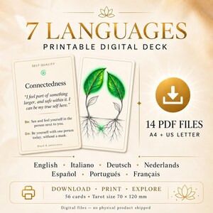 May include: A printable digital deck of 56 cards in 7 languages, featuring a card with the text Connectedness and a drawing of two green sprouts with roots. The set includes 14 PDF files in A4 and US Letter sizes, with cards measuring 70 x 120 mm.