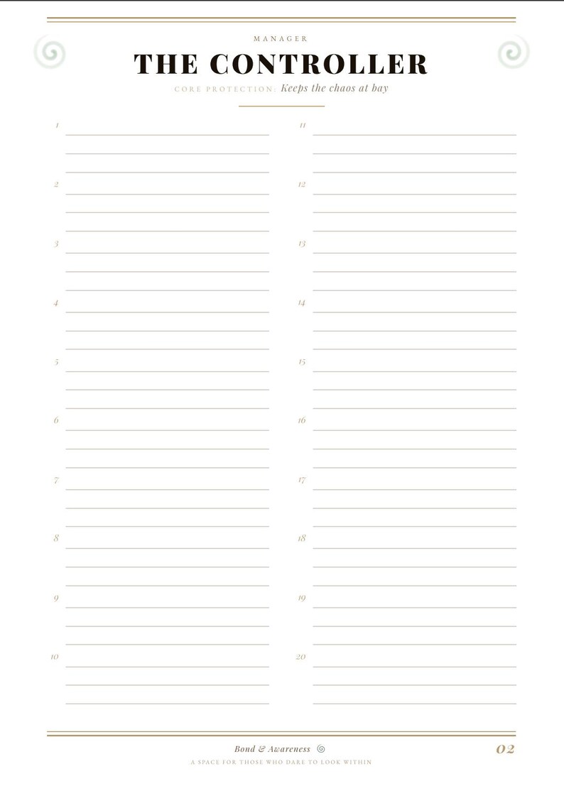 May include: A white page titled THE CONTROLLER with the subtitle CORE PROTECTION: Keeps the chaos at bay. The layout features two columns of ten numbered lines each, totaling twenty lines. The bottom includes the text Bond & Awareness and 02.