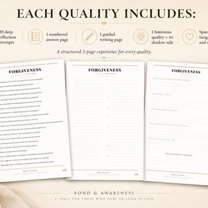 May include: Three white pages titled FORGIVENESS with black text, featuring reflection prompts, a numbered list, and a guided writing section. The pages include headers about quality, shadow sides, and self-inquiry, with a gold pen placed nearby.