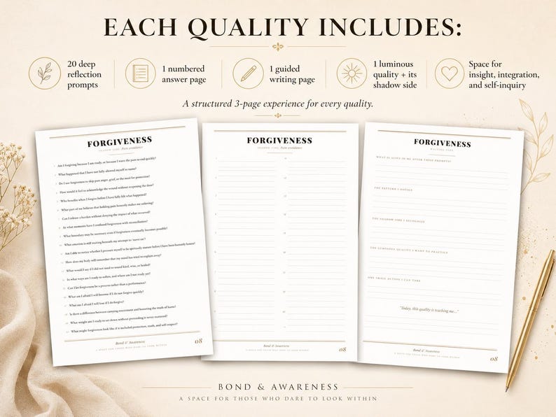 May include: Three white pages titled FORGIVENESS with black text, featuring reflection prompts, a numbered list, and a guided writing section. The pages include headers about quality, shadow sides, and self-inquiry, with a gold pen placed nearby.