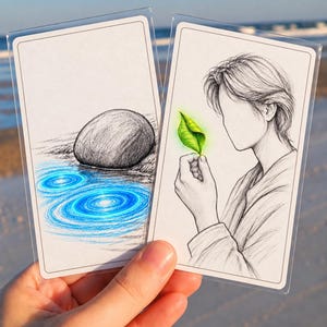 May include: Two rectangular cards in clear protective sleeves. The left card features a graphite drawing of a stone beside blue water ripples. The right card shows a graphite illustration of a person holding a single, vibrant green leaf.